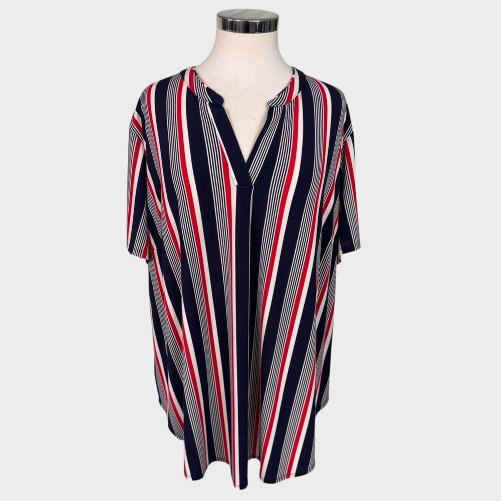 Cato 22/24W Short Sleeve Striped Top Red Black Polyester Spandex
